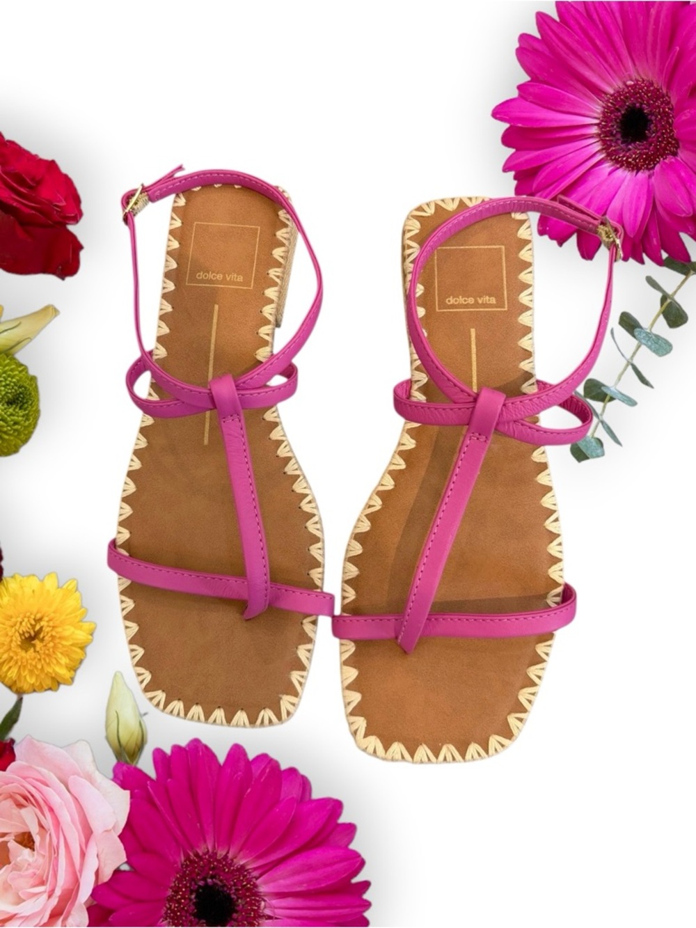 Dolce Vita Bindi Hot Pink Leather Strappy Sandals. Ankle-Strap T-Strap Sandals